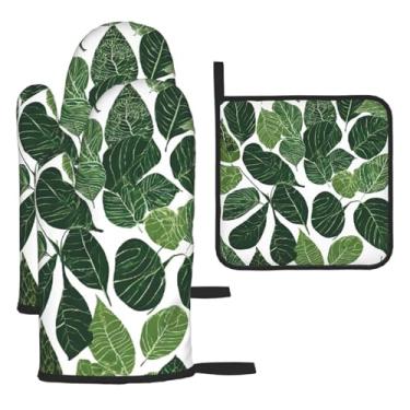 Imagem de Tropical Leaves – Conjunto de cozinha essencial com 3 peças, luvas resistentes ao calor e aderência da tampa, proteção para churrasco no forno, design de armazenamento suspenso.