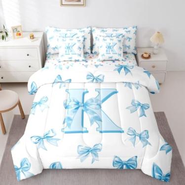 Imagem de Erosebridal Conjunto de edredom completo com inicial K personalizado para meninas, lindo conjunto de cama com laço azul, 7 peças, para crianças, adolescentes, estilo princesa, kawaii, conjunto de cama