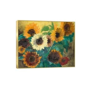 Imagem de Pintura de arte de parede de flores - imagem de decoração vintage - girassol brilhante - impressões em tela com moldura dourada para sala de estar 30 x 35 cm 12 x 13 pol