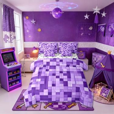 Imagem de Conjunto de cama Pixel Grid Miners infantil, 7 peças, quadriculado, quadriculado, geométrico, moderno, para todas as estações, roxo claro (elástico + lençol + 2 fronhas + 2 capas de travesseiro)