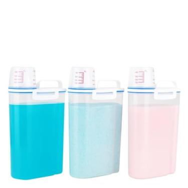 Imagem de Kit 3 Pote Dispenser com Bico Copo Tampa Medidor Vedação Multiuso Trava Lavanderia Sabão em Pó Liquido Amaciante Porta 1800 ML Litros Mantimentos Organizador Armario Arroz Grãos Cereal Cozinha Ração