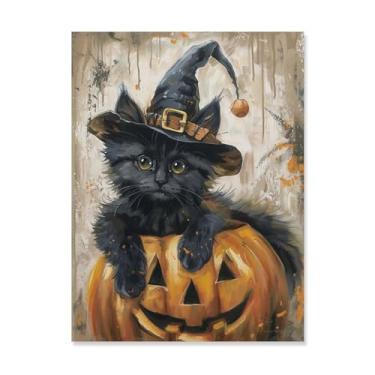 Imagem de HouLaiZhe Pôster de Halloween fofo gato preto abóbora impressão de arte de parede decorações de Halloween decoração de quarto estética gótica para sala de estar quarto 18 x 24 polegadas (45 x 60 cm)