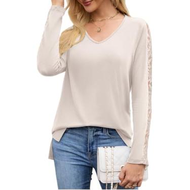 Imagem de Blusas femininas elegantes de outono 2025 com manga comprida e gola V para negócios, casual, divisão lateral, macia, caimento solto, creme, GG