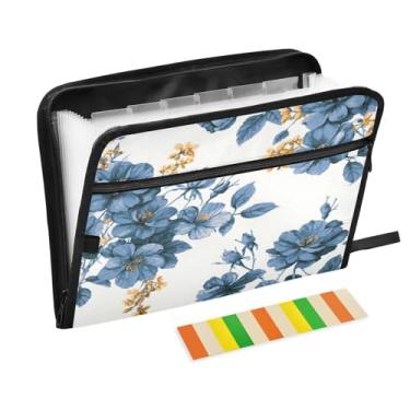 Imagem de CEBUGI Pasta expansível de 13 bolsos, impermeável, sanfonada, organizador de arquivos com etiquetas tamanho A4, organizador de documentos de papel para escola, material de escritório, buquê azul retrô