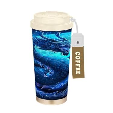 Imagem de YETTASBIN Caneca de café Dragon com isolamento térmico de 482 g com tampa canudo, copo à prova de derramamento e vazamento com alça para bebida quente e fria, garrafa de água de aço inoxidável