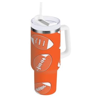 Imagem de Qilmy Copo de futebol americano de 1,134 g com tampa e canudo, copo isolado de aço inoxidável durável à prova de vazamento com alça, garrafas de água à prova de derramamento para Travel983