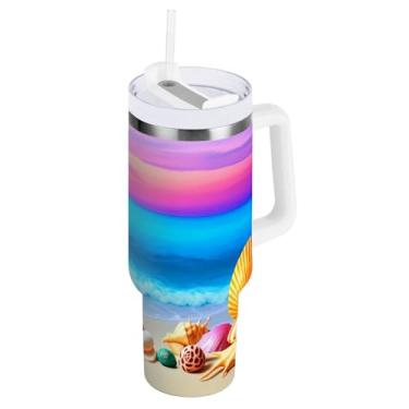 Imagem de Kigai Copo térmico de 1,134 g com alça, estrela do mar e conchas de praia com tampa e canudo, garrafa de água esportiva de metal grande, caneca de café de viagem de aço inoxidável