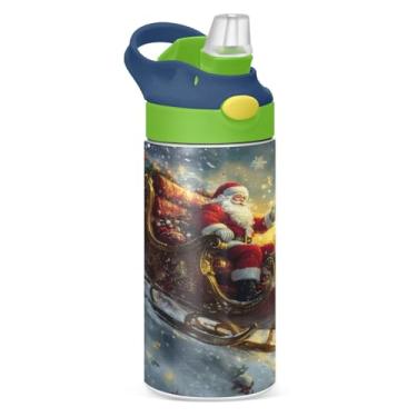 Imagem de Burbuja Garrafa de água infantil de Natal Papai Noel no trenó, sem BPA, isolada a vácuo, com tampa de canudo para meninos e meninas, à prova de vazamento, 340 g