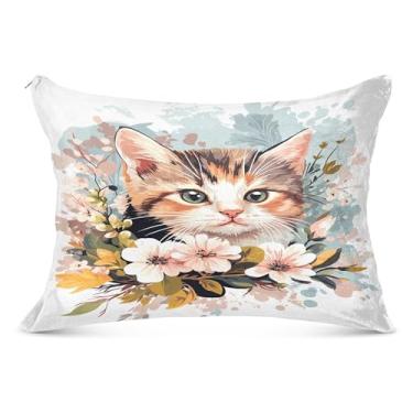 Imagem de Burbuja Capa de almofada fofa com flores de gato tamanho Queen 51 x 76 cm, capa de almofada de pelúcia ultramacia e aconchegante com zíper para pele de cabelo