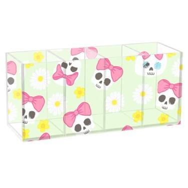 Imagem de Burbuja Porta-canetas de acrílico com caveiras de desenho animado, 4 compartimentos, suporte de lápis transparente para pincéis de maquiagem, acessórios de mesa de escritório em casa