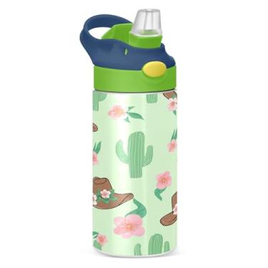Imagem de CEBUGI Chapéus de cowboy florais garrafas de água infantis à prova de vazamento garrafa de água com canudo 340 g garrafa de água isolada a vácuo de aço inoxidável para meninos e meninas