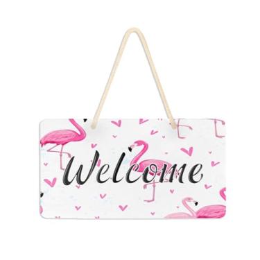Imagem de Burbuja Placa de boas-vindas de coração de flamingos rosa para porta da frente, placa de boas-vindas de PVC para decoração de férias, 15 x 28 cm