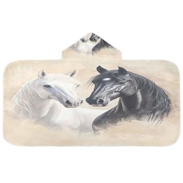 Imagem de Burbuja Toalha de banho com capuz de cavalo preto branco para crianças, toalha de praia de pelúcia absorvente macia para chá de meninas e meninos 3-10 anos, 61 x 127 cm