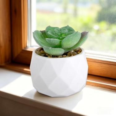 Imagem de Mini suculentas suculentas artificiais verde em vaso geométrico de diamante de Natal pequenas plantas falsas para decoração de casa de mesa verde (verde)