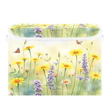Imagem de CEBUGI Caixotes de armazenamento com tampas, caixa de armazenamento de tecido dobrável, organizadores de cubo de borboleta de flores silvestres para prateleiras de quarto de armário de casa 40 x 30 x