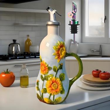 Imagem de Dispensador de garrafa de azeite de oliva de cerâmica pintada à mão de 510 g para cozinha, garrafa de óleo e vinagre, garrafa de tempero com bocal de aço inoxidável, recipiente de óleo de 540 ml com