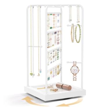 Imagem de EsLuker.ly Suporte organizador de colar de brinco, suporte de exibição de joias, suporte giratório de madeira para torre de brincos com 12 ganchos de colar para mulheres vendendo, árvore de