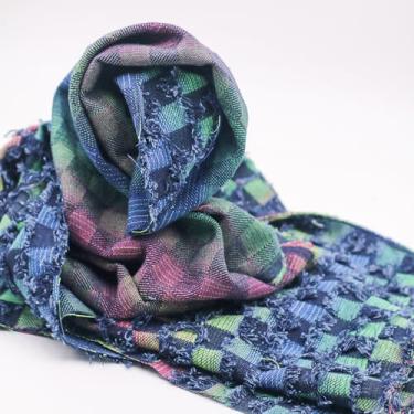 Imagem de Tecido jeans jacquard com franjas de 300 g | Tratamento pré-lavagem com base multicolorida xadrez | 80% algodão, 20% poliéster, 167 cm de largura, pré-cortado não elástico por jarda (pré-corte de 3