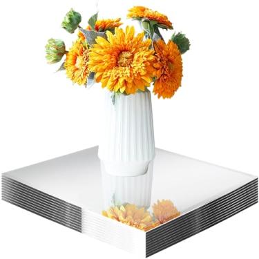 Imagem de Pacote com 10 espelhos quadrados para centros de mesa, bandeja acrílica espelhada de 25 x 25 cm para pratos de vela, azulejos de espelho montados na parede, peças centrais de mesa de festa de