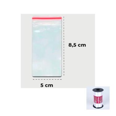 Imagem de Kit Saco Zip 5x8,5cm 100 Unidades Com Fita Cetim Rolo 7mm 100mts