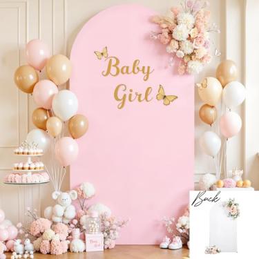 Imagem de Capa de fundo de arco rosa branco 1,8 m para festa de casamento com pano de fundo elástico para chá de bebê, foto de aniversário e elastano rosa claro