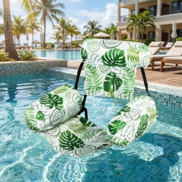 Imagem de Cadeira Flutuante Inflável para Adultos, Tecido Suave + Encosto Ajustável, Ideal para Praia, Lago, Rio e Festas na Piscina, Design de Folhagens Tropicais.