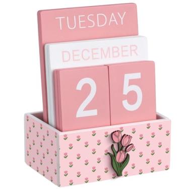 Imagem de AceOrbit Bloco de madeira de tulipa rosa, calendário perpétuo, decoração de mesa, fofo, mês, semana, data, calendário, bloco decorativo, para mulheres, escritório, casa, mesa, presente para mulheres