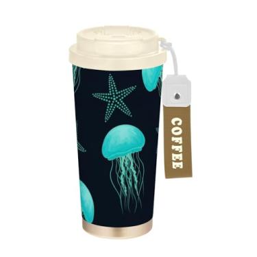 Imagem de TSENQUE Caneca de café de viagem de 473 ml com tampa de canudo e filp, copo de parede dupla isolado a vácuo com revestimento cerâmico, água-viva azul-petróleo, estrela-do-mar, preto