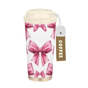 Imagem de TSENQUE Copo de café de viagem 473 ml com tampa de canudo e filp, canecas de café de parede dupla isoladas a vácuo com revestimento cerâmico, laços rosa macios estampados branco