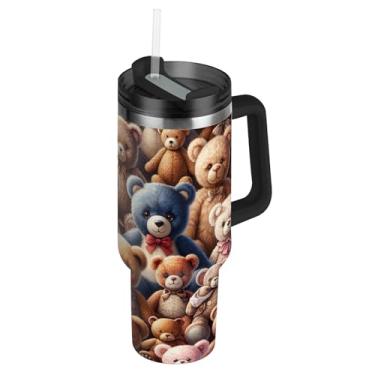 Imagem de Joisal Cute Teddy Bears Tumblers com tampa e canudos Impressão Copo de 850 g com alça Garrafa de água isolada Caneca de café quente de aço inoxidável para carros