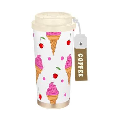 Imagem de Caneca de viagem de café 40 ml com canudo e tampa, copo de café de viagem de aço inoxidável à prova de vazamento para escritório, escola, festa, acampamento, sorvete, cereja, branco