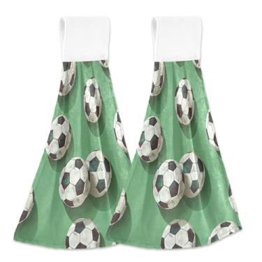 Imagem de Bola de futebol toalhas de cozinha personalizadas verdes com laço de pendurar toalhas de chá de forno absorventes macias e fofas toalhas de cozinha conjunto de 2, 45 x 35 cm