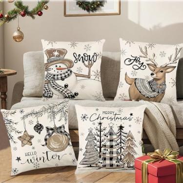Imagem de Merry Christmas, capas de almofada, árvores de Natal, rena, boneco de neve, 45,7 x 45,7 cm, conjunto de 4 capas de almofada para decoração de sofá de casa