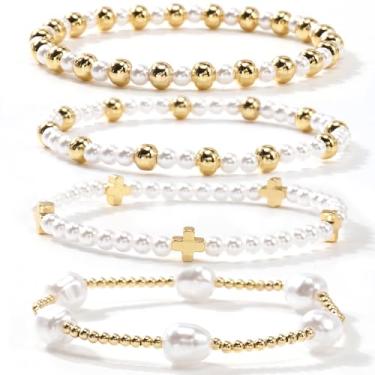 Imagem de SHINUS BOHO Conjunto de pulseiras femininas modernas banhadas a ouro 14 K, pérola, cristal, cruz, contas, clipe de papel, 4 peças, empilháveis, modernas, à prova d 'água, 7.0, Sem Pedra Preciosa