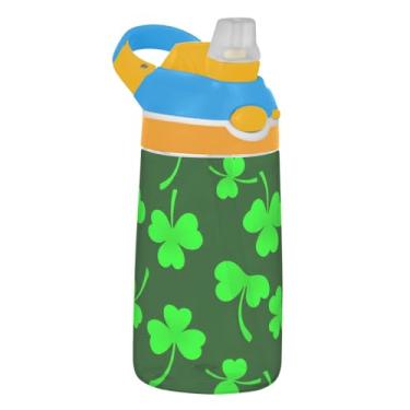 Imagem de Garrafa de água infantil de 473 ml, à prova de vazamento, 473 ml, garrafa de água esportiva Tritan com canudo reutilizável e portátil, alça de transporte, trevo verde trevo