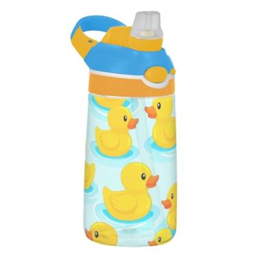 Imagem de Garrafa de água esportiva infantil de 473 ml com tampa de palha, garrafa de água portátil para escola, à prova de vazamento, copo infantil Tritan de 473 ml, alça de transporte, lindos patos amarelos