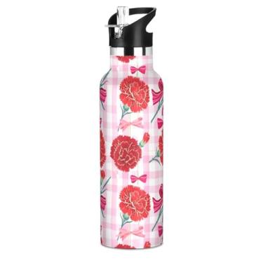 Imagem de Garrafa de água esportiva de aço inoxidável para adolescentes, cravos vermelhos, floral, rosa, dia dos namorados, 590 ml, garrafa de água a vácuo de parede dupla, copos de viagem isolados para
