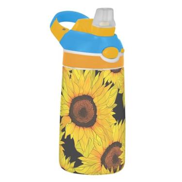 Imagem de Garrafa de água preta de girassóis vibrantes infantil 473 ml Tritan à prova de vazamento garrafa de água esportiva com tampa de canudo 473 ml copo de viagem infantil portátil reutilizável, alça de