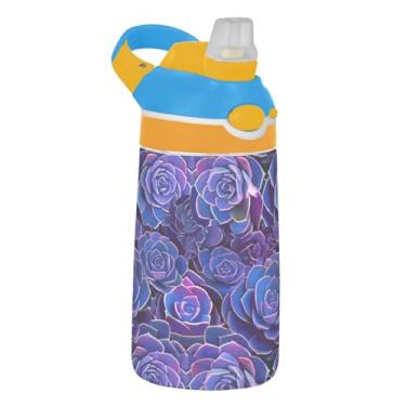 Imagem de Garrafa de água infantil de 473 ml com tampa de canudo à prova de vazamento, garrafa de água esportiva para escola, copos de viagem Tritan de 473 ml para crianças, alça de transporte, plantas