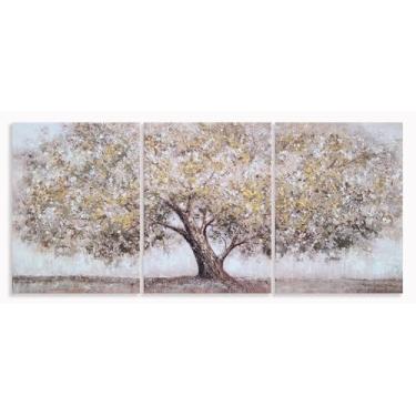 Imagem de Yihui Arts Arte de parede em tela de árvore enfeitada à mão de 3 peças com folha dourada – Pintura de paisagem abstrata em tons neutros para sala de estar, quarto, decoração de escritório