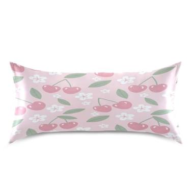 Imagem de Blueangle Fronha de cetim refrescante para cabelo e pele, capa de travesseiro cerejas rosa dos namorados, tamanho king 50,8 x 101,6 cm com fecho de envelope (804)