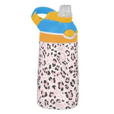 Imagem de Garrafa de água infantil Tritan de 473 ml, portátil, 473 ml, com canudo à prova de vazamento, reutilizável para viagem, alça de transporte, estampa de leopardo chique bege rosa