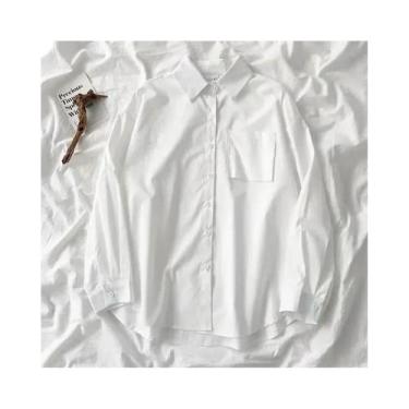 Imagem de Camisa Feminina Branca Oversized De Manga Longa Estilo Preppy Com Bols