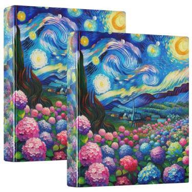 Imagem de Fichários de hortênsia de noite estrelada, 3 polegadas, 3 argolas, 200 folhas, fofo, prancheta, anel redondo, fichário de escritório, pacote com 2