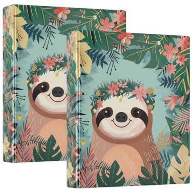 Imagem de Fichário fofo com 3 anéis, folhagem selva, preguiça, 200 folhas, anel redondo, 31,5 x 27 x 6 cm, pacote com 2