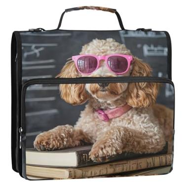Imagem de Organizador de fichário rosa com zíper de 3,8 cm, 3 anéis, óculos de poodle, portfólio e estojo, porta-pastas escolares com alça de ombro