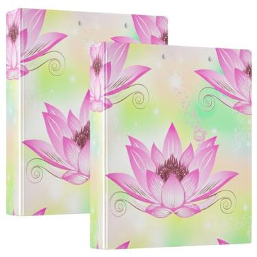 Imagem de Fichários personalizados de 3 anéis de flor de lótus rosa, 3 cm, comporta 200 folhas, pastas, anel redondo fofo, fichário de apresentação, 31,5 x 27 x 6 cm, pacote com 2