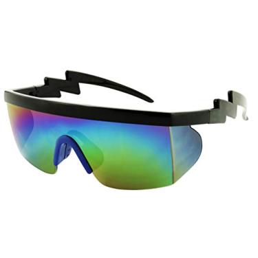 Imagem de ShadyVEU Óculos de sol arco-íris neon semi sem aro com lentes espelhadas proteção UV anos 80 retrô rave Shades torto ziguezague parafuso braço, Armação preta com almofada de nariz azul/lente espelhada