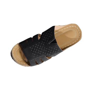 Imagem de Pantufas femininas casuais de verão com boca de peixe salto plataforma grosso material PU confortável, Preto, 39