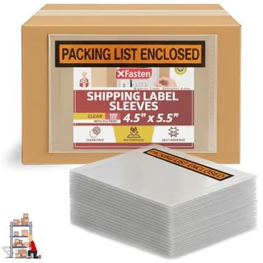 Imagem de XFasten Bolsas de guia de embalagem de 11,4 x 14 cm (pacote com 100) envelopes transparentes com adesivo reforçado, mangas de etiqueta de envio impermeáveis de 2 mm, alta visibilidade de código de